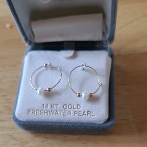 14K Gold Pearl Hoop Earrings